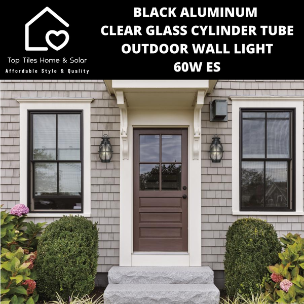 Black Aluminum & Clear Glass Cylinder Tube Outdoor Wall Light - 60W ES