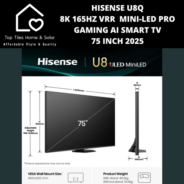 Hisense U8Q 8K 165Hz VRR Mini-LED PRO Gaming Ai Smart TV - 75 Inch 2025