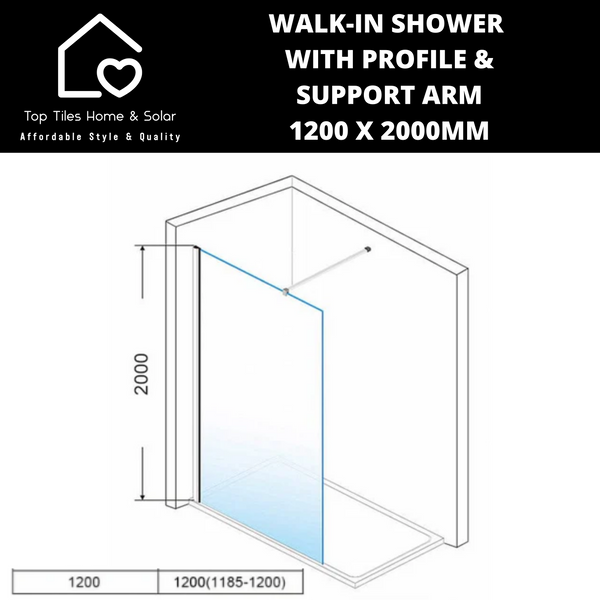 Chrome Walk-in Shower with Support Arm - 1200 x 2000mm