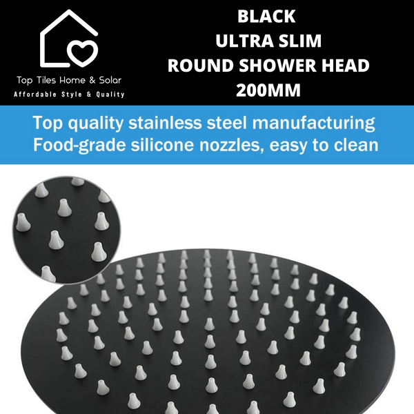Black Ultra Slim Round Shower Head - 200mm
