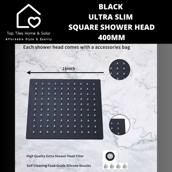 Black Ultra Slim Square Shower Head - 400mm