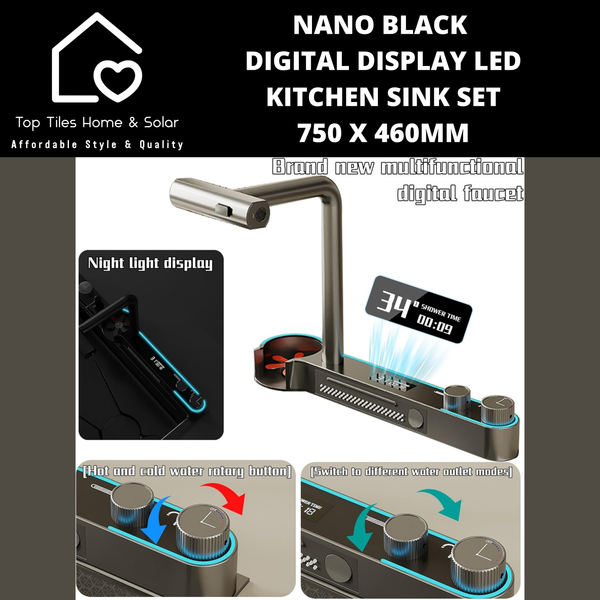Nano Black Digital Display LED Kitchen Sink Set - 750 x 460mm
