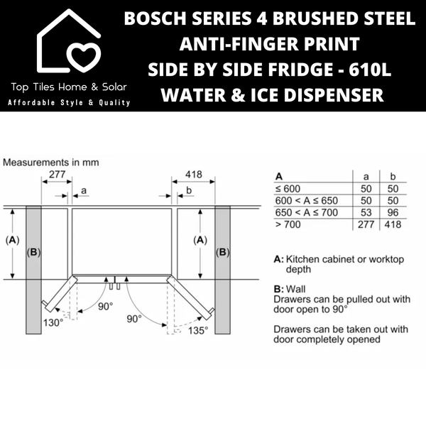 Bosch Series 4 - Anti-Finger Print Brushed Steel Side by Side Fridge - 610L Water & Ice Dispenser