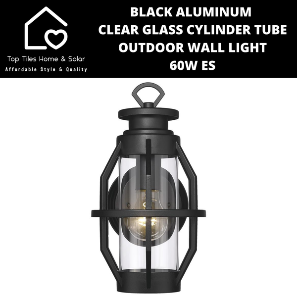 Black Aluminum & Clear Glass Cylinder Tube Outdoor Wall Light - 60W ES