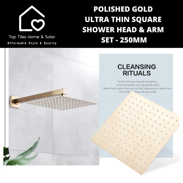 Polished Gold Ultra Thin Square Shower Head & Arm Set - 250mm