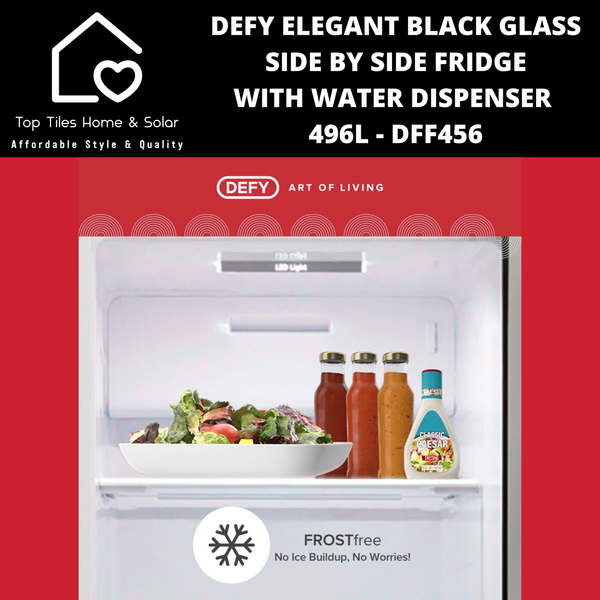 Defy Elegant Black Glass Side by Side Fridge - 496L Water Dispenser DFF456