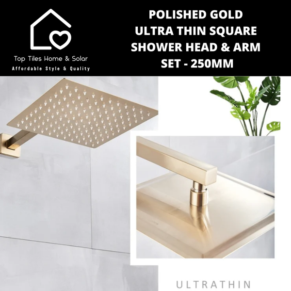 Polished Gold Ultra Thin Square Shower Head & Arm Set - 250mm