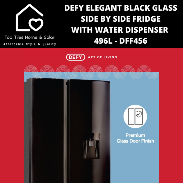 Defy Elegant Black Glass Side by Side Fridge - 496L Water Dispenser DFF456