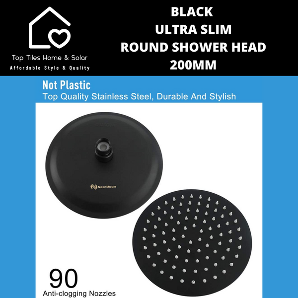 Black Ultra Slim Round Shower Head - 200mm