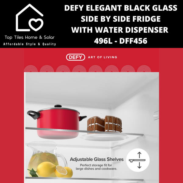 Defy Elegant Black Glass Side by Side Fridge - 496L Water Dispenser DFF456