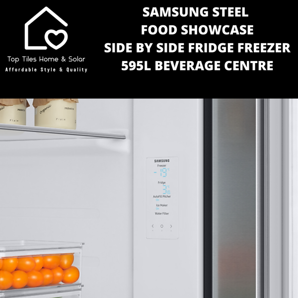 Samsung Steel Food Showcase Side by Side Fridge Freezer - 595L Beverage Centre