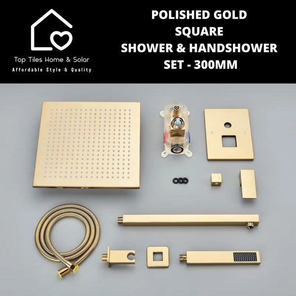 Polished Gold Square Shower & Handshower Set - 300mm