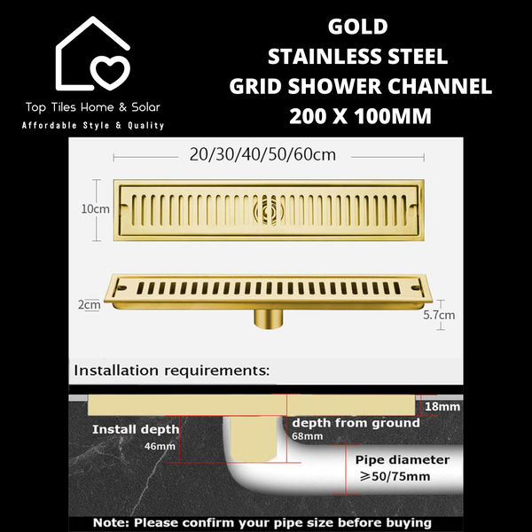 Gold Stainless Steel Grid Shower Channel - 200 x 100mm