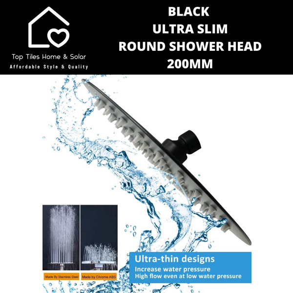 Black Ultra Slim Round Shower Head - 200mm