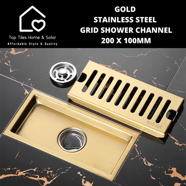 Gold Stainless Steel Grid Shower Channel - 200 x 100mm