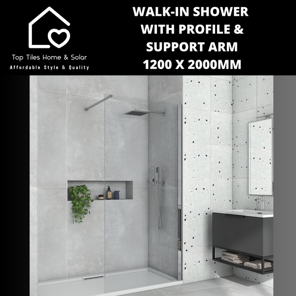 Chrome Walk-in Shower with Support Arm - 1200 x 2000mm