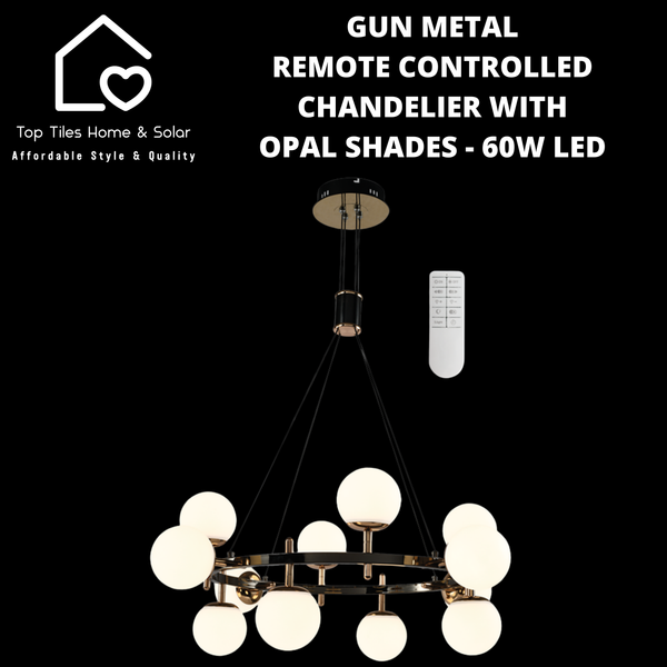 Gun Metal Remote Controlled Chandelier with Opal Shades - 60W LED