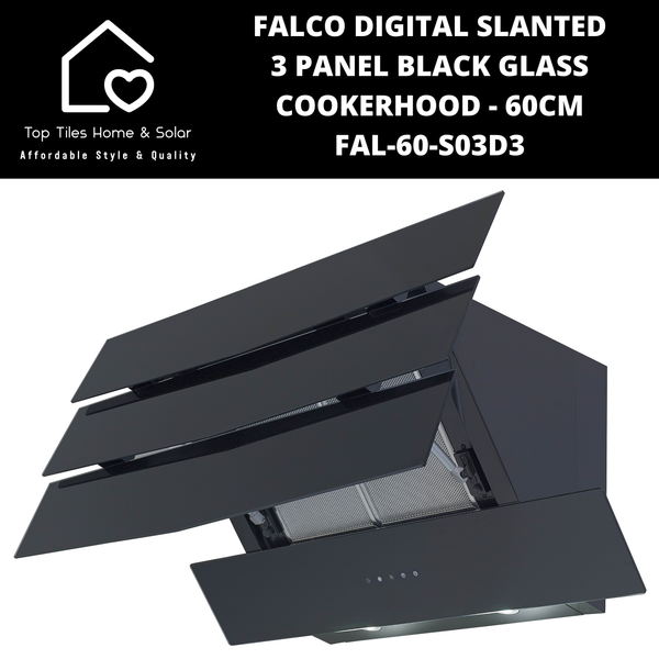 Falco Digital Slanted 3 Panel Black Glass Cookerhood - 60cm FAL-60-S03D3