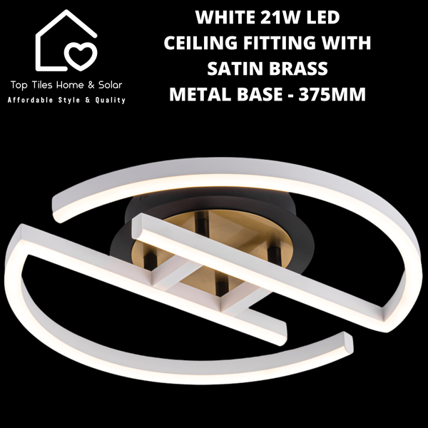 White 21W LED Ceiling Fitting with Satin Brass Metal Base - 375mm