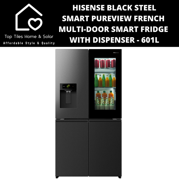 Hisense Premium Black Steel PureView French Multi-Door Smart Fridge with Dispenser - 601L