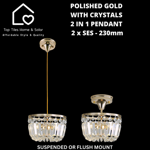 Polished Gold with Crystals 2 in 1 Pendant - 2 x SES - 230mm