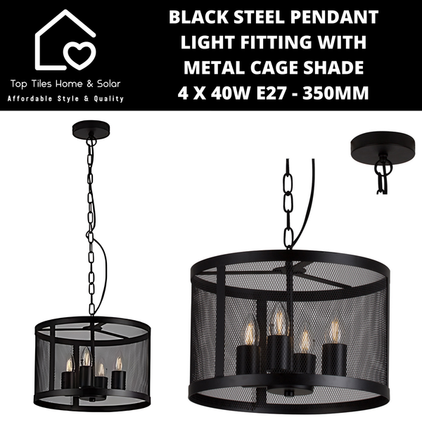 Black Steel Pendant Light Fitting with Metal Cage Shade - 4 x 40W E27