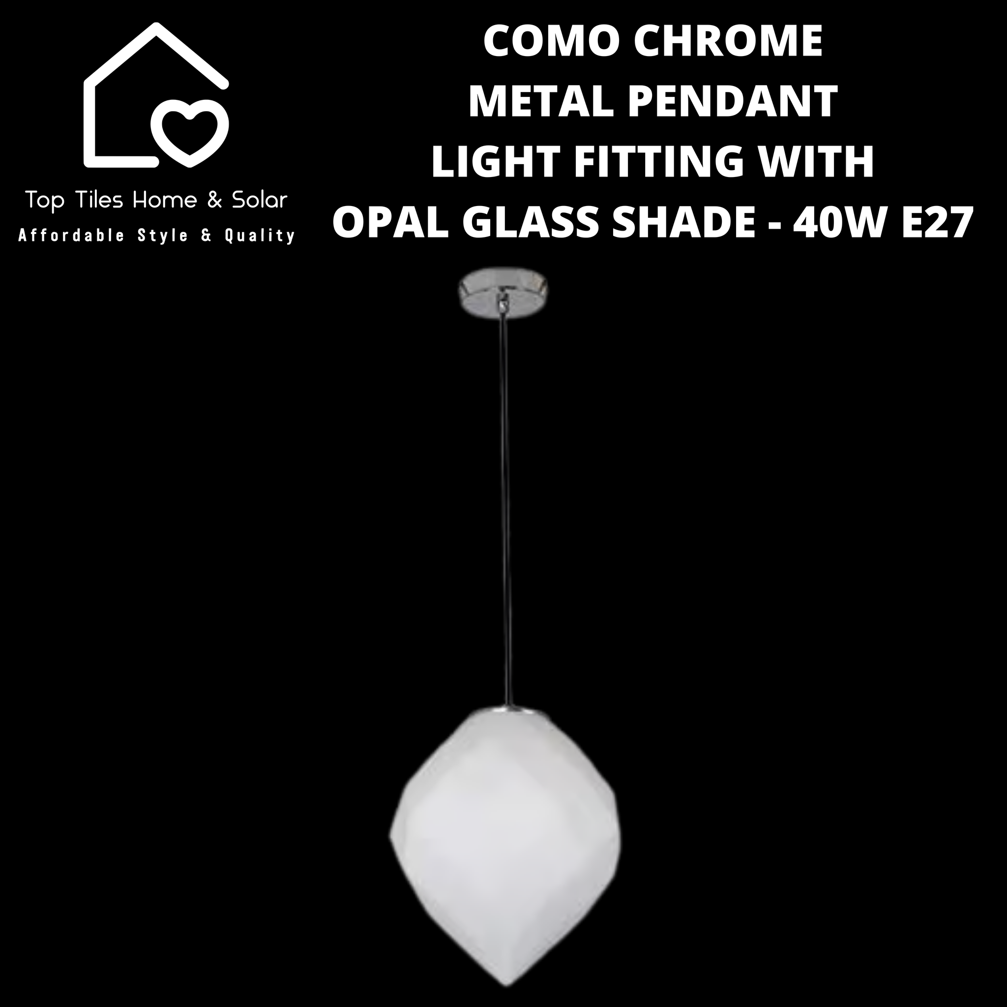 Como Chrome Metal Pendant Light Fitting with Opal Glass Shade - 40W E27