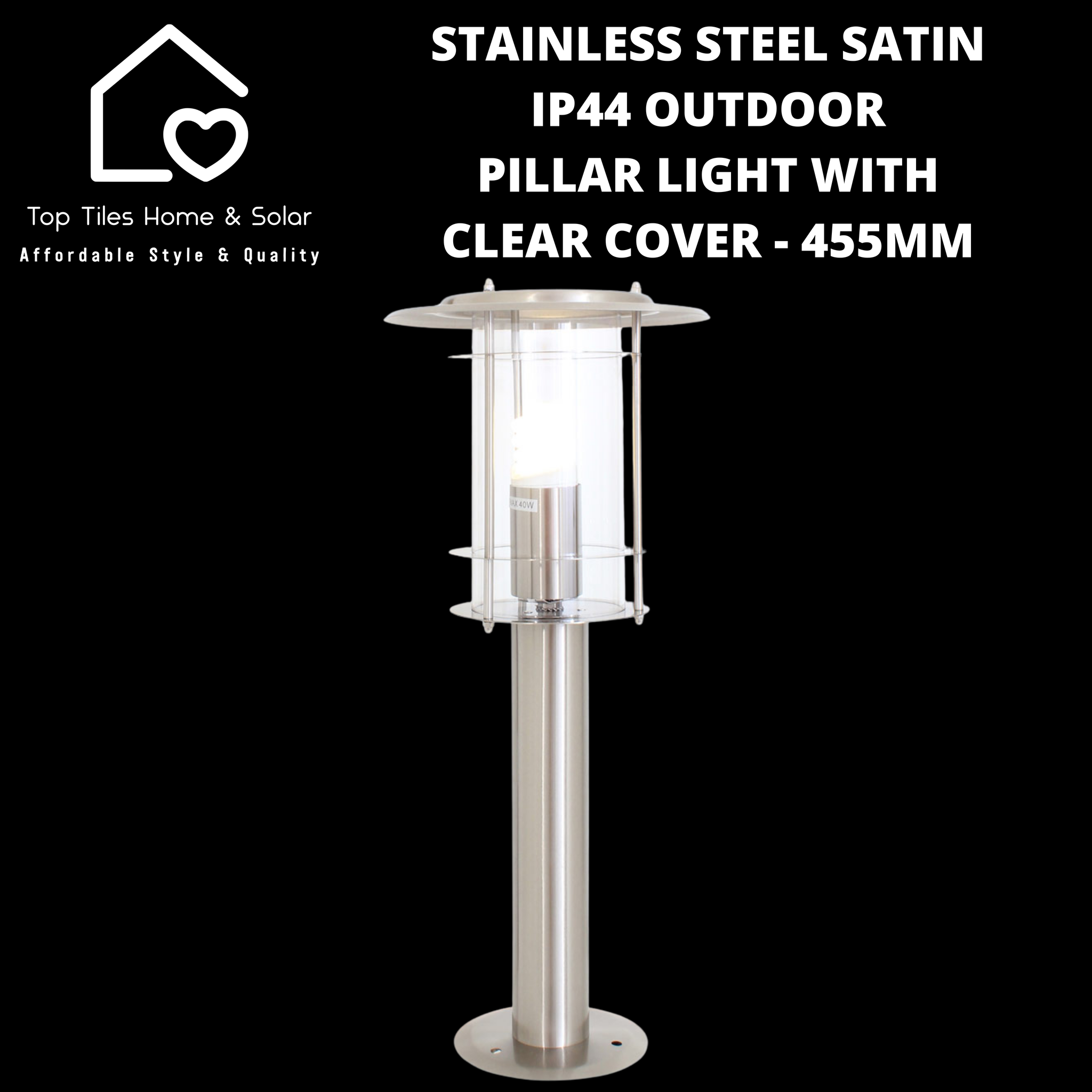 Stainless Steel Satin IP44 Outdoor Pillar Light with Clear Cover - 455mm