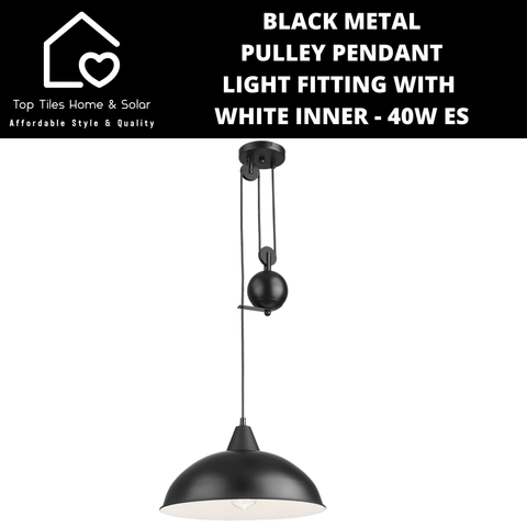 Black Metal Pulley Pendant Light Fitting with White Inner - 40W ES