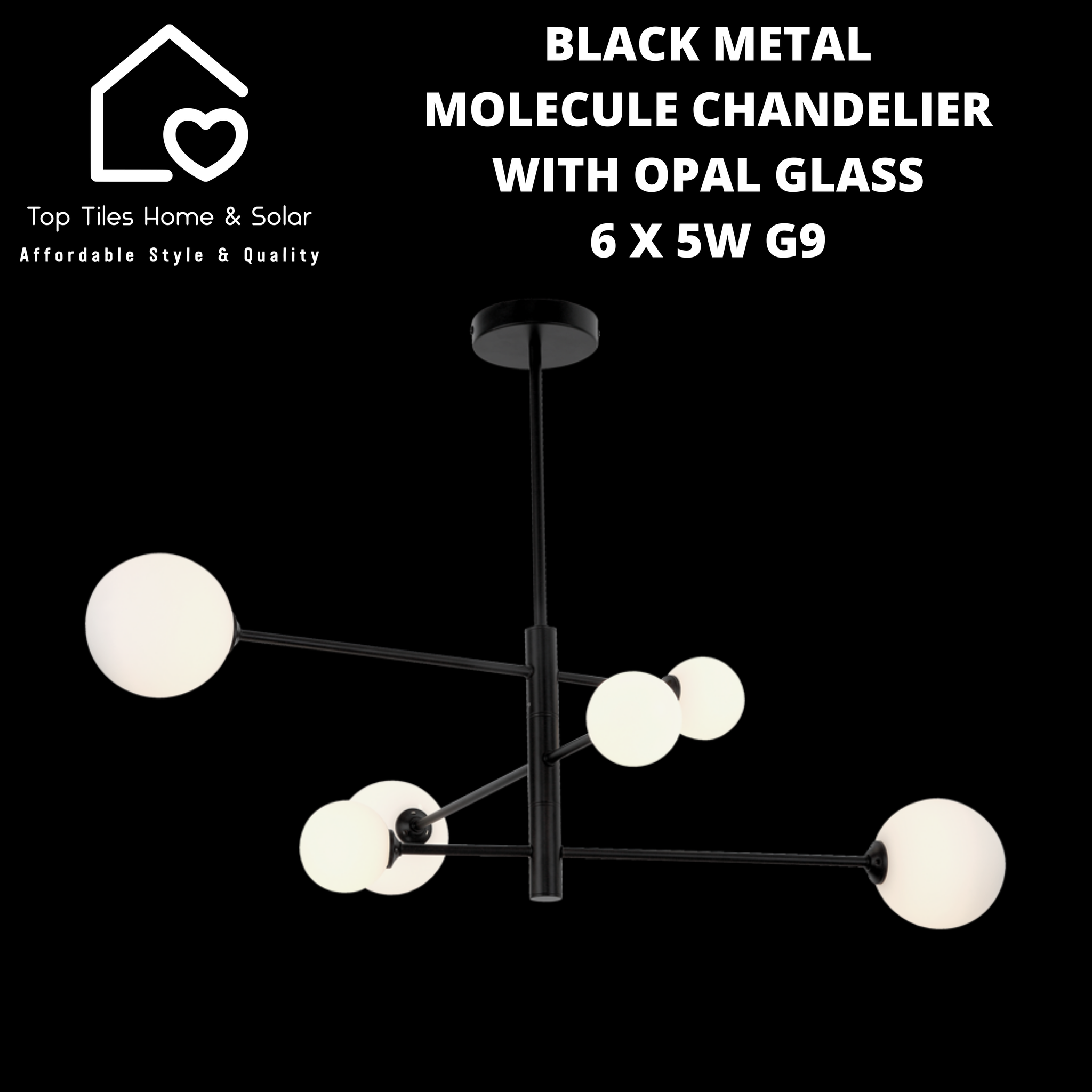 Black Metal Molecule Chandelier With Opal Glass - 6 x 5W G9