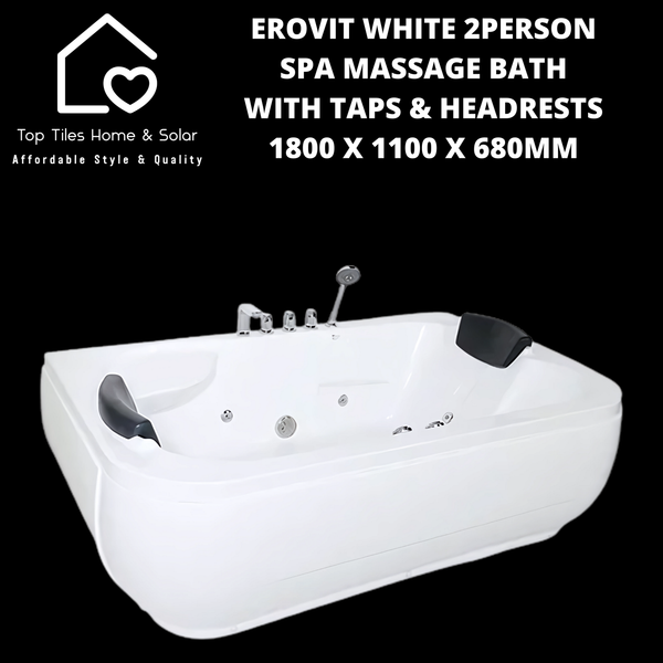 Erovit White Spa 2Person Massage Bath with Taps & Headrests - 1800 x 1100 x 680mm