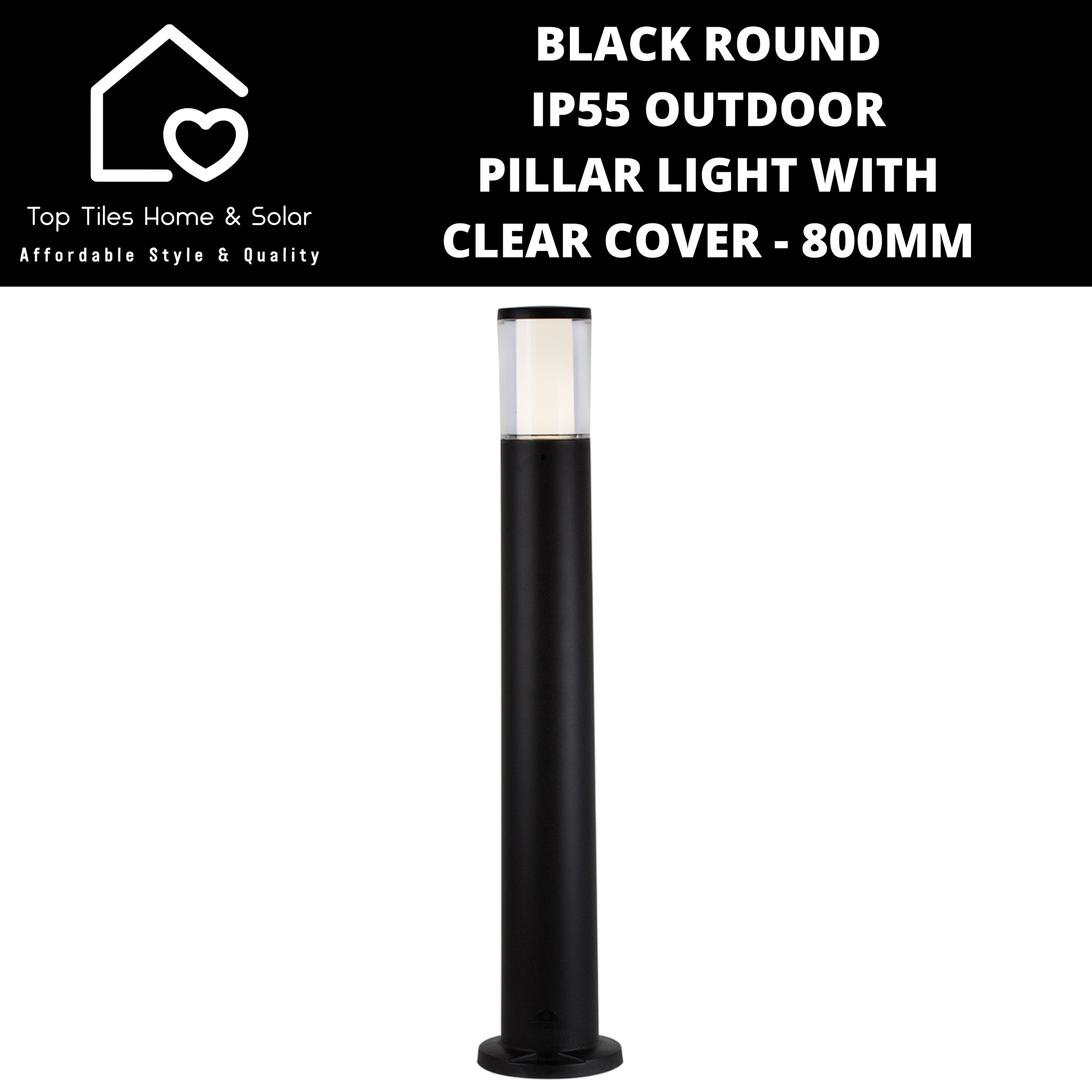 Black Round IP55 Outdoor Pillar Light with Clear Cover - 800mm