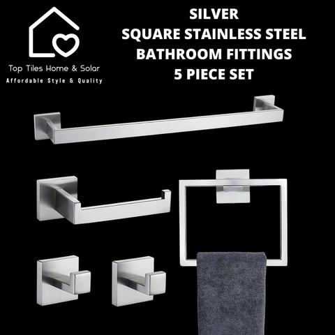 Silver Square Stainless Steel Bathroom Fittings - 5 Piece Set