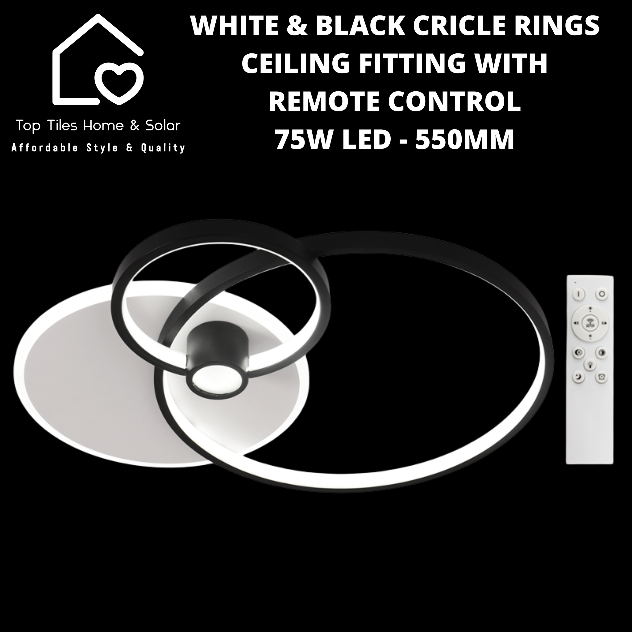 White & Black Cricle Rings Ceiling Fitting with Remote Control - 75W LED - 550mm