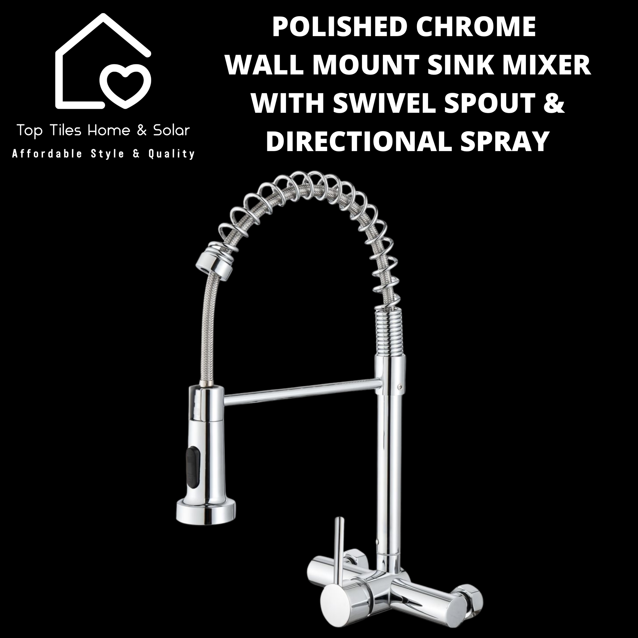 Polished Chrome Wall Mount Sink Mixer with Swivel Spout & Directional Spray