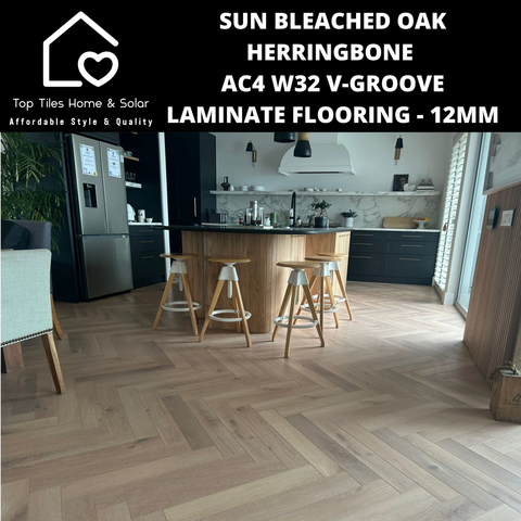 Sun Bleached Oak Herringbone AC4 W32 V-Groove Laminate Flooring - 12mm