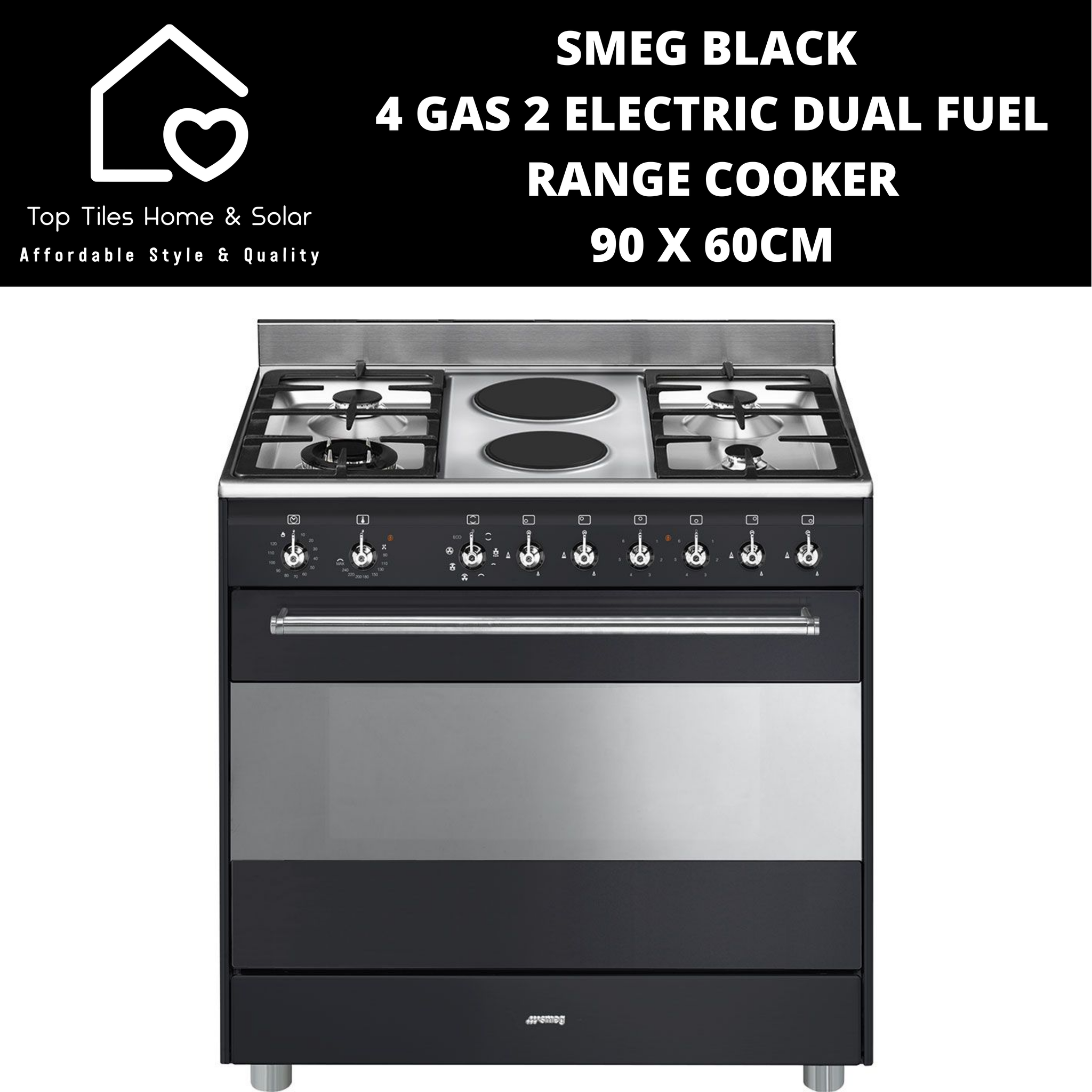 Smeg Black 4 Gas 2 Electric Dual Fuel Range Cooker - 90 x 60cm