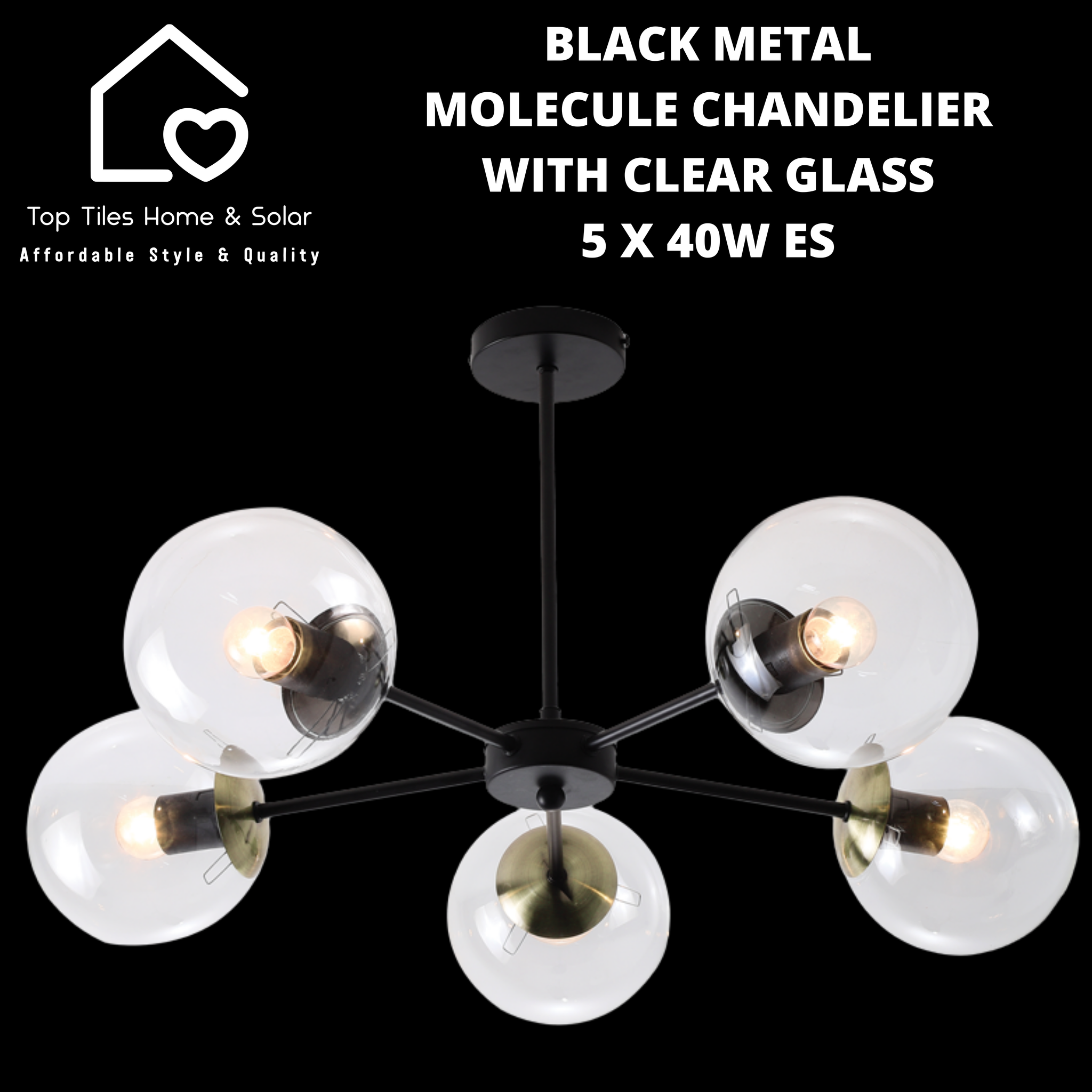 Black Metal Molecule Chandelier With Clear Glass - 5 x 40W ES
