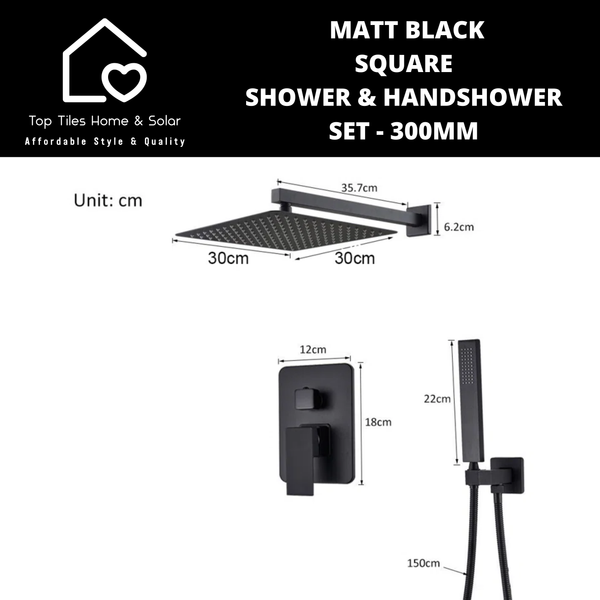 Matt Black Square Shower & Handshower Set - 300mm