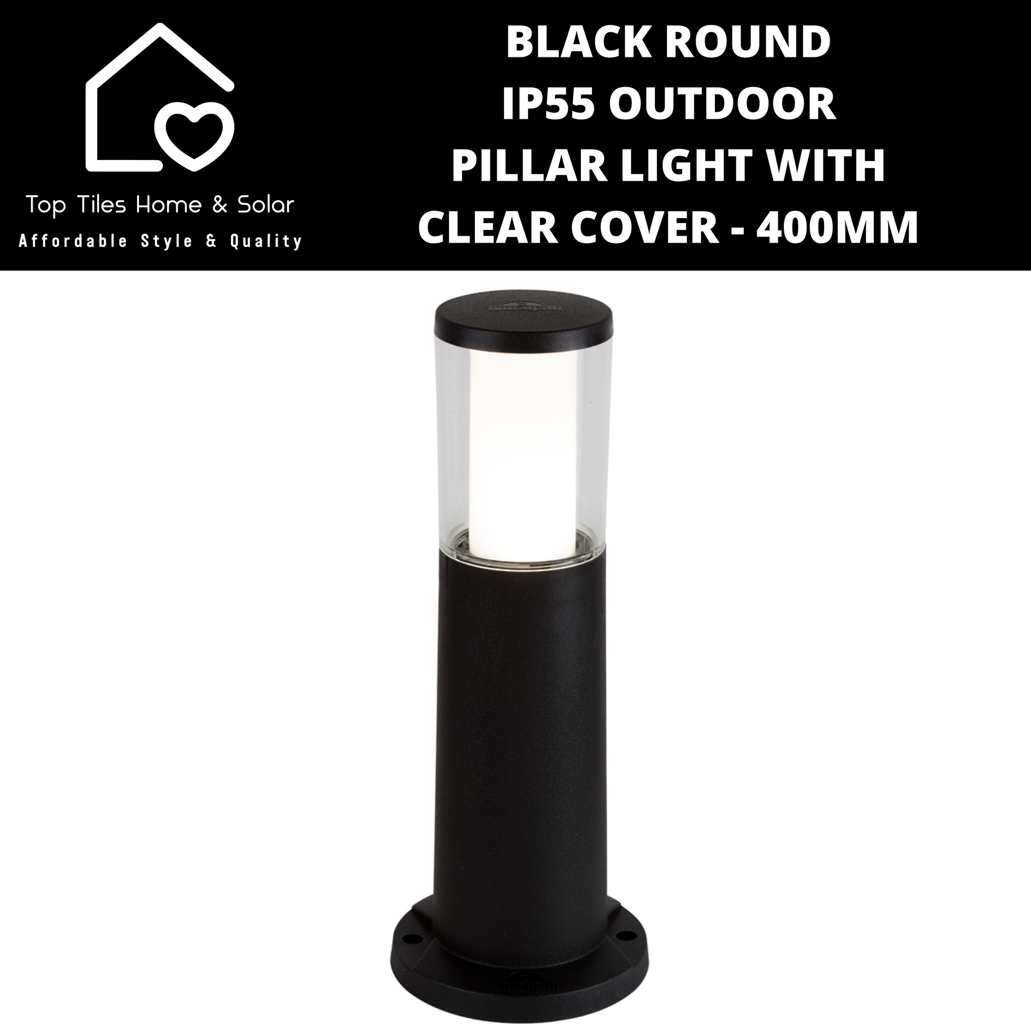 Black Round IP55 Outdoor Pillar Light with Clear Cover - 400mm
