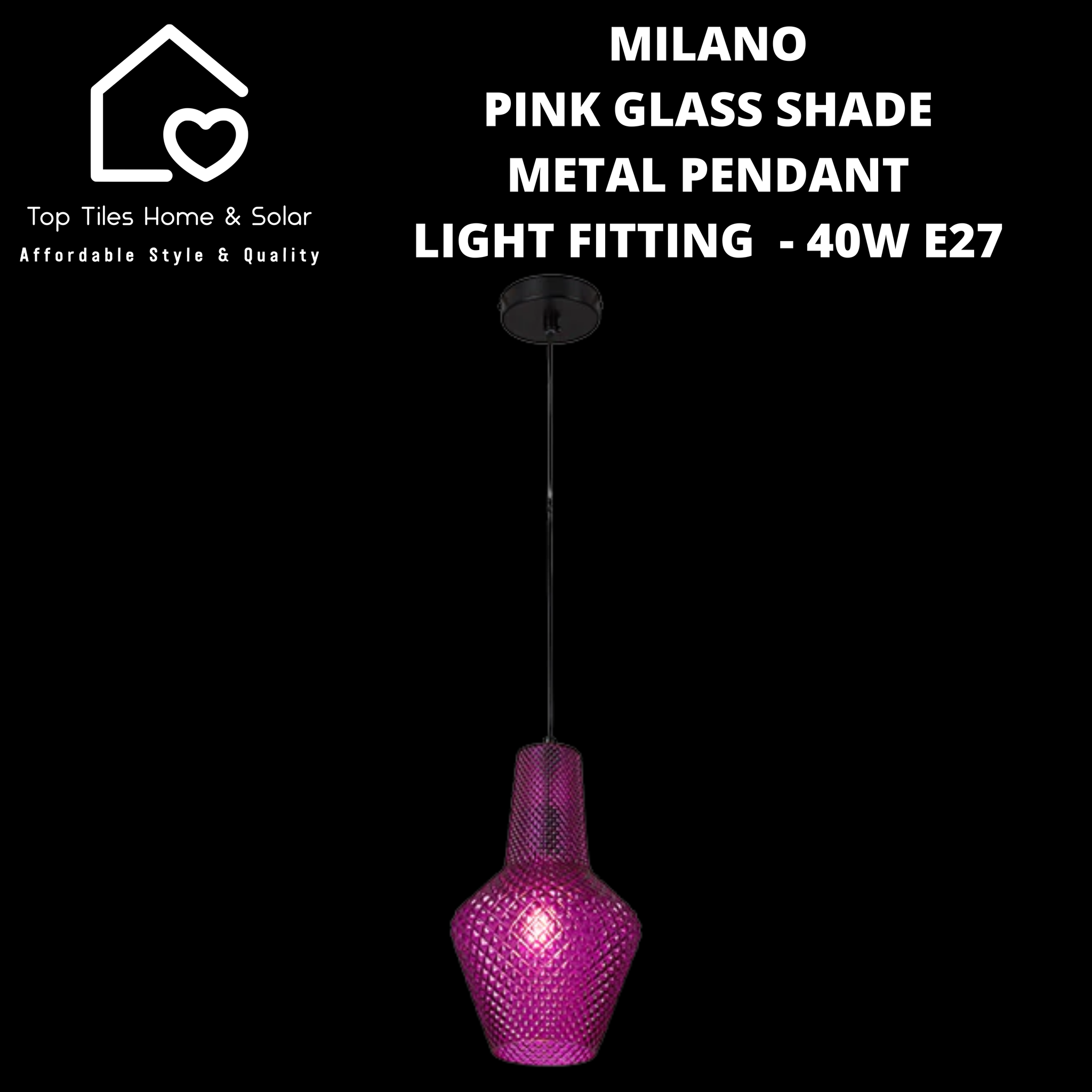 Milano Pink Glass Shade Metal Pendant Light Fitting  - 40W E27 Small