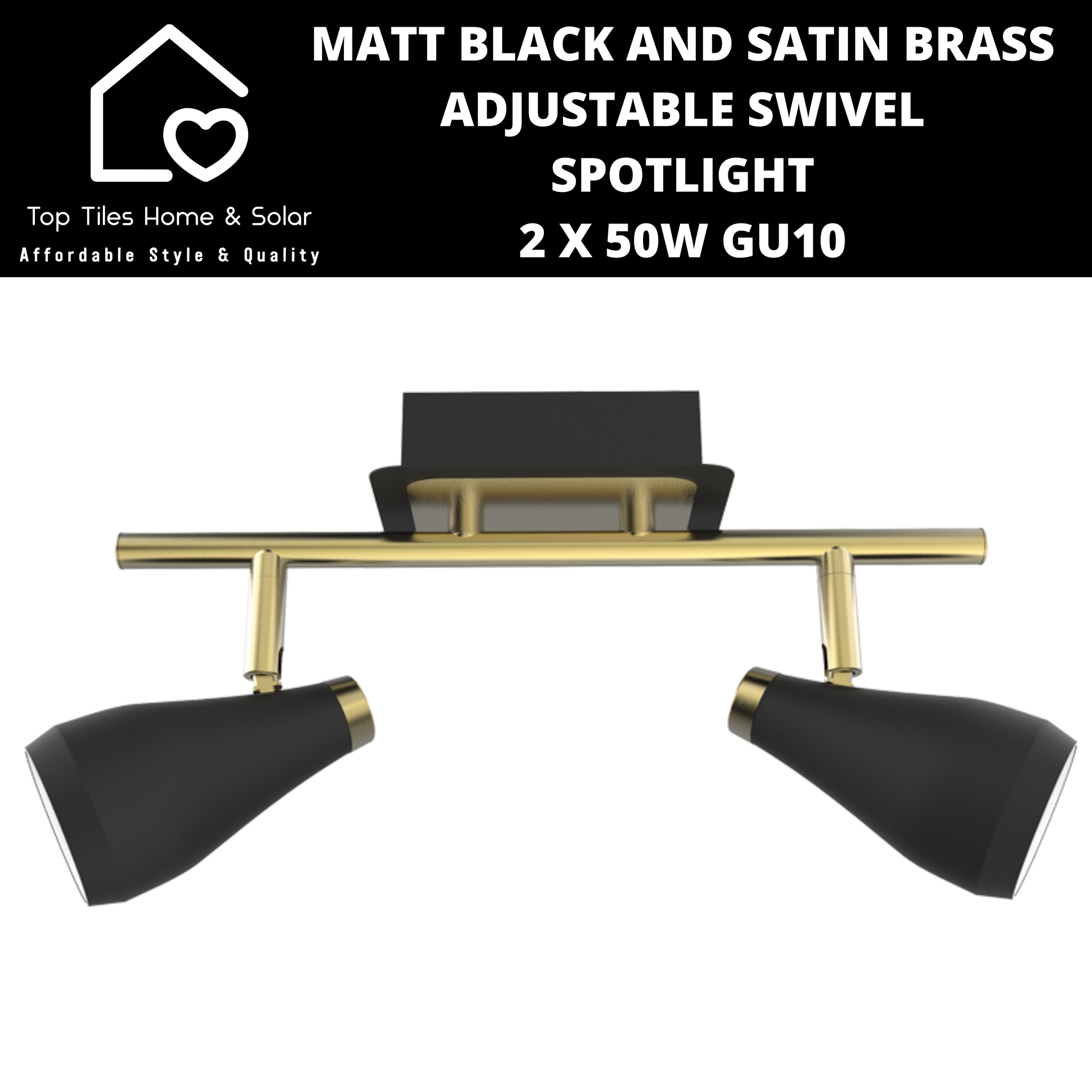 Matt Black and Satin Brass Adjustable Swivel Spotlight - 2 x 50W GU10