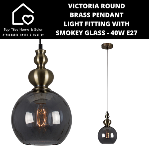 Victoria Round Brass Pendant Light Fitting with Smokey Glass - 40W E27