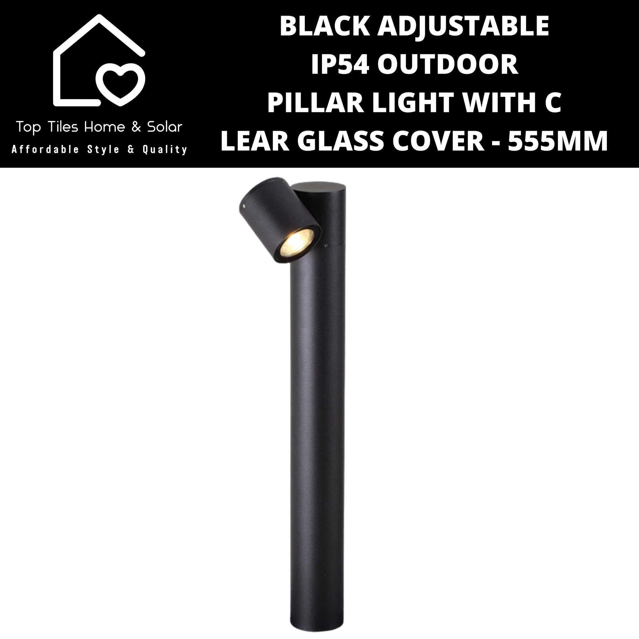 Black Adjustable IP54 Outdoor Pillar Light with Clear Glass Cover - 555mm