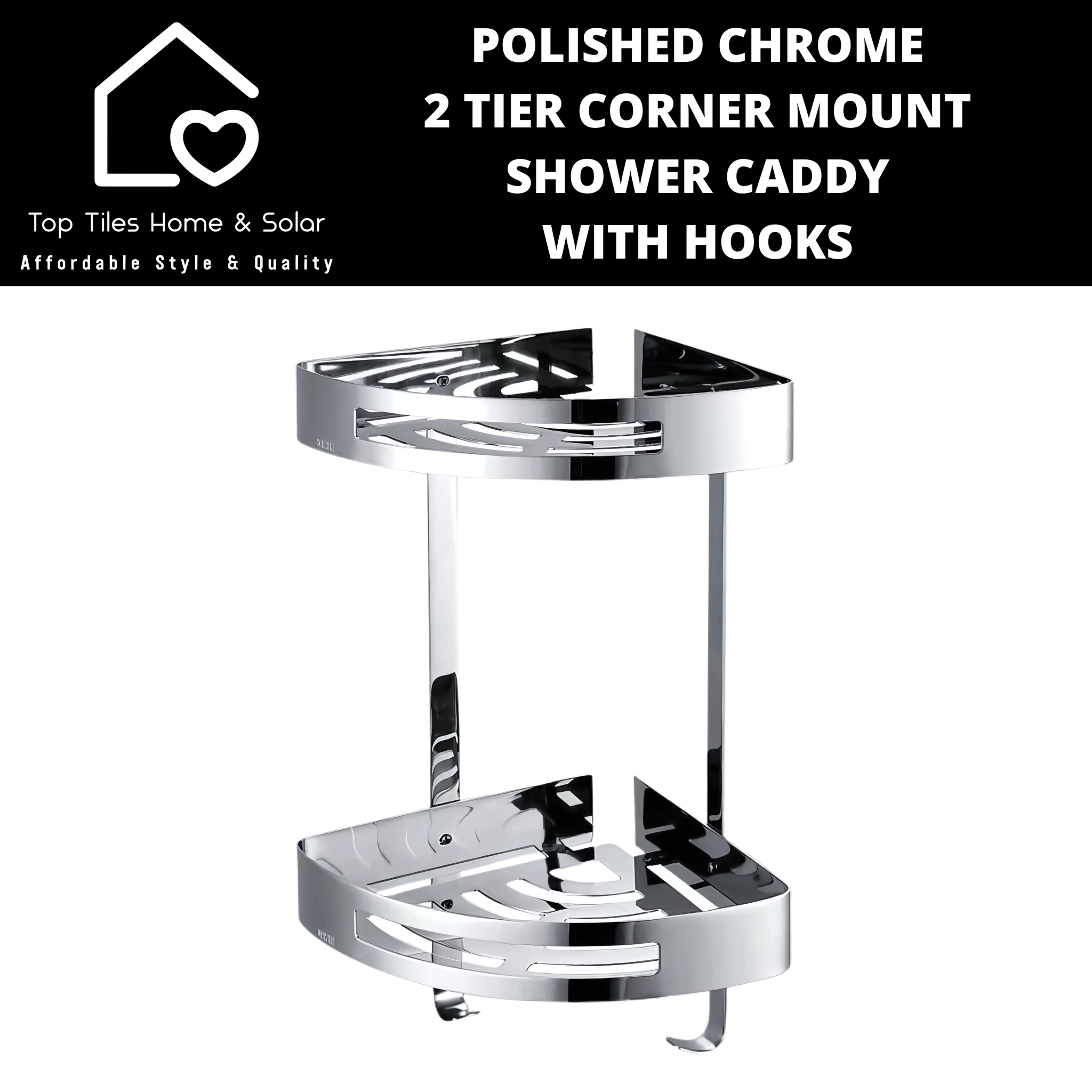 Polished Chrome 2 Tier Corner Mount Shower Caddy with Hooks