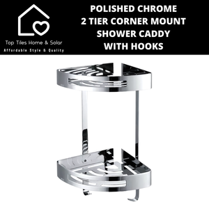 Polished Chrome 2 Tier Corner Mount Shower Caddy with Hooks