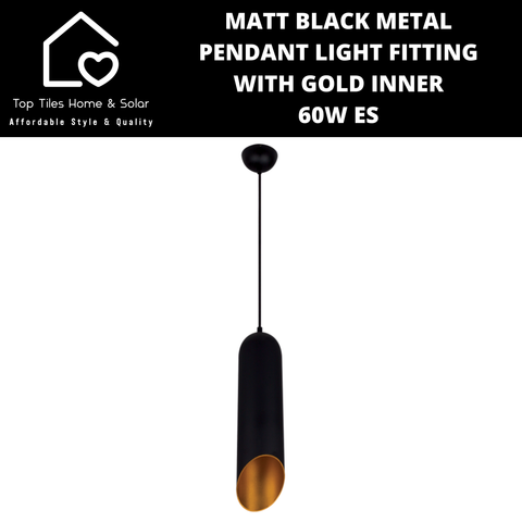 Matt Black Metal Pendant Light Fitting with Gold Inner - 60W ES