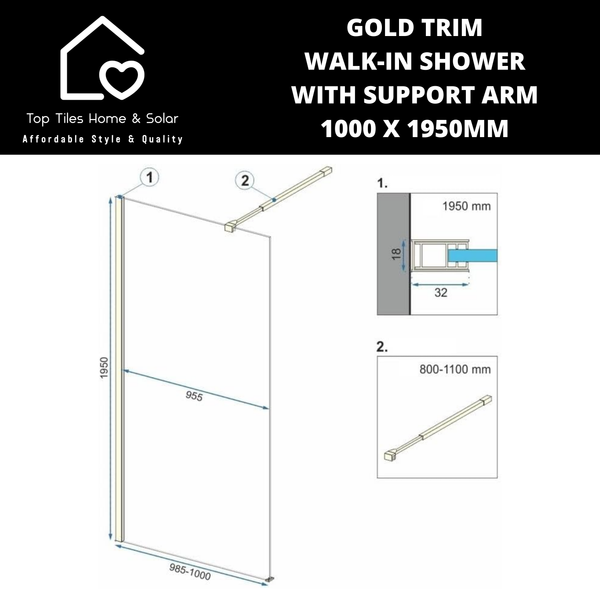 Gold Trim Walk-in Shower with Support Arm - 1000 x 1950mm