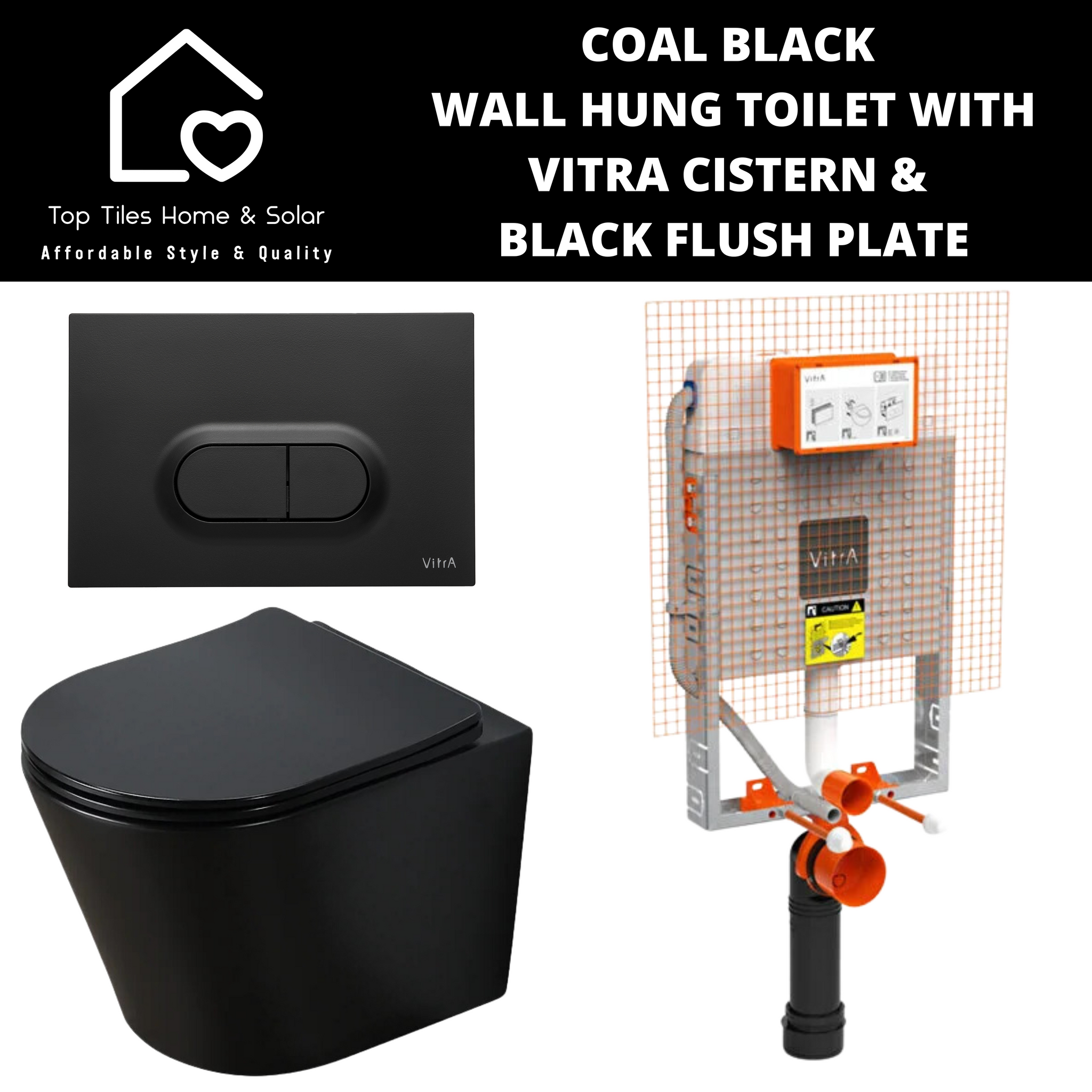 Coal Black Wall Hung Toilet with Vitra Cistern & Black Flush Plate