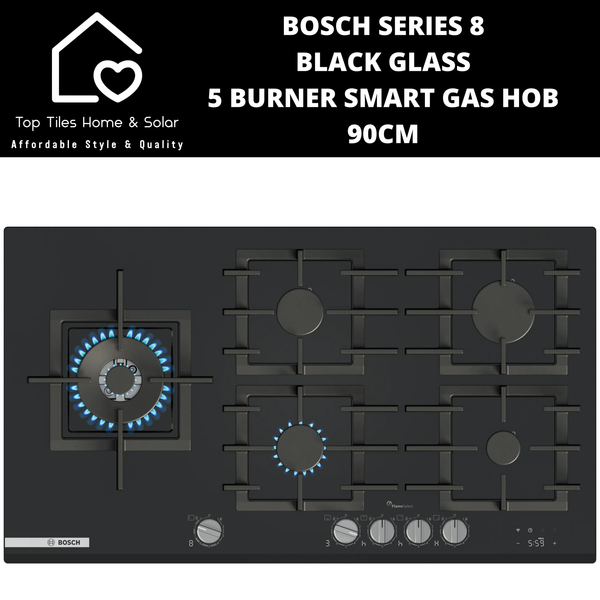 Bosch Series 8 - Black Glass 5 Burner Smart Gas Hob - 90cm